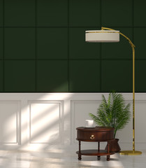 sideboard in empty room in front of green wall with lamp vintage room 3d rendering luxury living room modern mid century room interior nobody in room