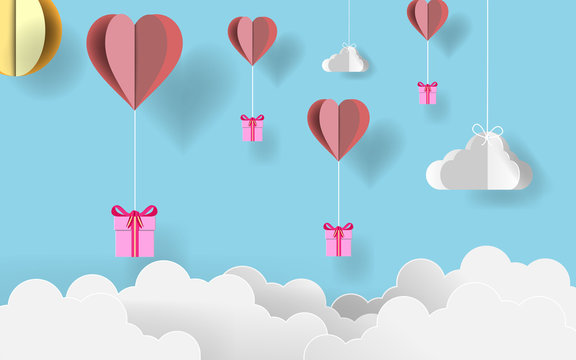paper art valentine's day. Paper origami gifts flying with origami paper heart balloons in candy blue sky. vector illustration. EPS 10