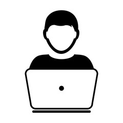 User Icon Vector With Laptop Computer Male Person Profile Avatar for Business and Online Communication Network in Glyph Pictogram Symbol illustration