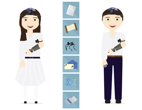 Reform Jewish girl  and boy with traditional Bat mitzvah and Bar mitzvah elements