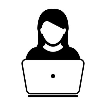 User Icon Vector With Laptop Computer Female Person Profile Avatar For Business And Online Communication Network In Glyph Pictogram Symbol Illustration