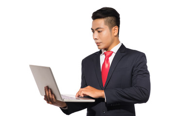 Asian business using laptop computer isolated on white background