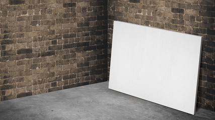 Blank poster at corner room with brown brick wall and grey concrete floor background,Mock up studio...