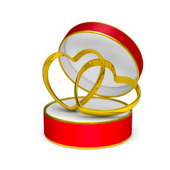 Red gift box with two wedding rings. Isolated 3D illustration