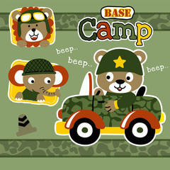 Cute animals soldiers cartoon with military vehicle 