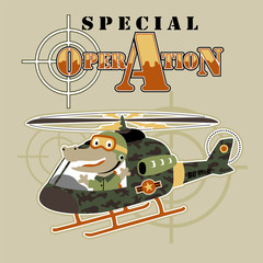 Military chopper cartoon with funny pilot 
