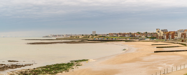 North Sea coast and beach in Westgate-on-Sea, seen from Birchington, Kent, England, UK