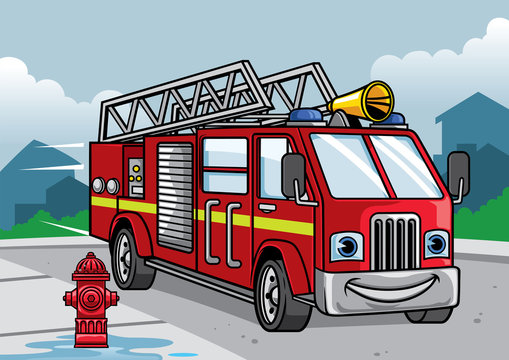 cartoon of firefighter truck illustration