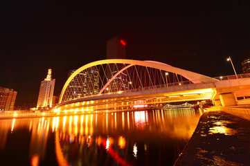 The modern city highway Bridges night landscape car light trails arc in tianjin