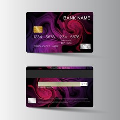Modern credit card template design. With inspiration from the abstract. Two sided purple and black color on the gray background. Vector illustration. Glossy plastic style.