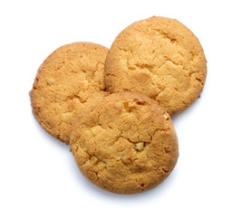 three oat cookies isolated on white background
