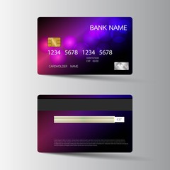 Modern credit card template design. With inspiration from the abstract. Two sided purple and black color on the gray background. Vector illustration. Glossy plastic style.