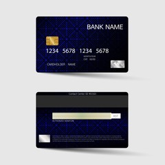 Modern credit card template design. With inspiration from the abstract. Two sided blue color on the gray background. Vector illustration. Glossy plastic style.