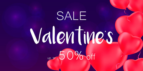 Valentine's day sale banner with heart balloons.