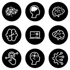 Set of white icons isolated against a black background, on a theme Artificial Intelligence