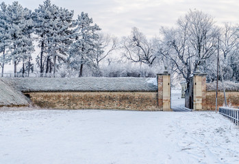 Fototapeta na wymiar Side entrance gate to the ancient Petrovaradin fortress 