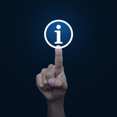 Hand pressing information sign icon over blue background, Customer support concept