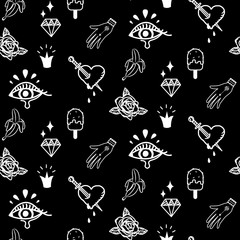 Flash tattoo style black doodles seamless vector pattern. Retro style hand drawn boho icons background for apparel.