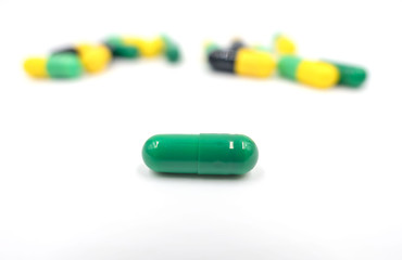 Closeup Colorful  Pills and capsules drug on white  background.