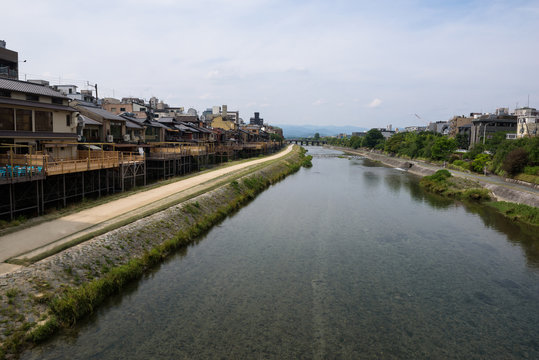 Cozy area around Kamo river with on the left Pontocho alley, Kyoto, Japan