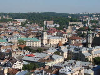 Fototapeta na wymiar A panorama of the city of Lviv in western Ukraine from the roof of the city of Lviv city hall.