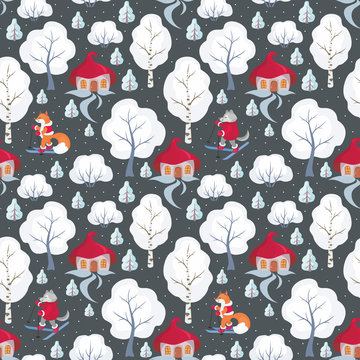 Children's seamless pattern with the image of funny forest animals and winter landscape. Vector background.