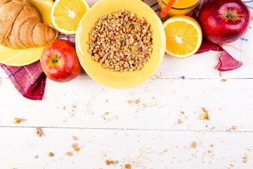 Healthy Breakfast. Various Assortment Set. Orange Juice, Granola, Croissant, and Fruit.