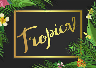 Dark background with tropical leaves and flowers