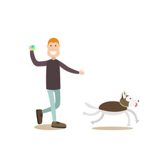 Dog owner male with his pet vector flat illustration