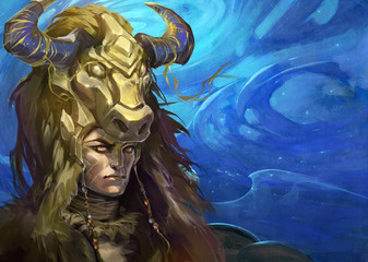 Fantasy illustration of a zodiac sign taurus as a handsome shaman with a drum and decorative horns on the blue sky background