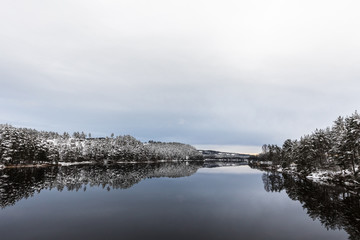 Winter landscape, open water in the Otra river, South part of Norway