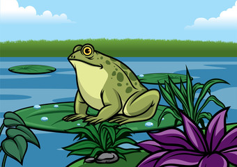 Obraz premium frog cartoon stand in the lotus leaf in the middle of lake
