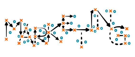 Obraz premium Marketing strategy concept vector with orange and blue marks on white tactic board