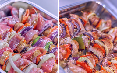 Pork skewer with vegetables in a pan before and after grilling as collage