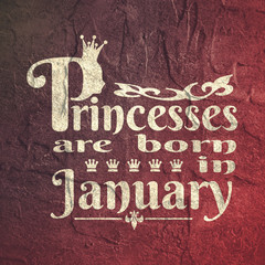 Vintage queen silhouette. Medieval queen profile. Elegant silhouette of a female head. Queens are born in january text. Motivation quote