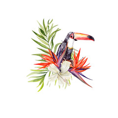 A beautiful watercolor bouquet with a bird of toucan and leaves of a palm tree, flowers hibiscus.   © knopazyzy