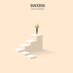 Businessman stands on the top of stairs, business concept of leadership, talent, outstanding, creative and power to lead the team become successful.