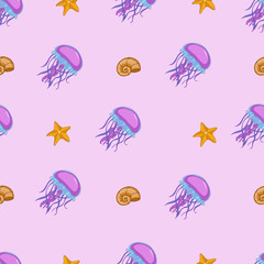 Flow jellyfishes. Handdrawn vivid jellyfishes in deep ocean water with long flow tentacles