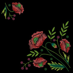 Embroidery corner floral pattern with poppies and berries