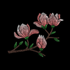 Naklejka premium Embroidery floral pattern with magnolia