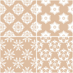 Floral patterns. Set of beige and white seamless backgrounds