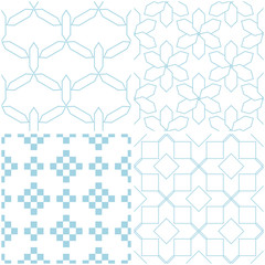 Geometric patterns. Set of blue elements on white. Seamless backgrounds