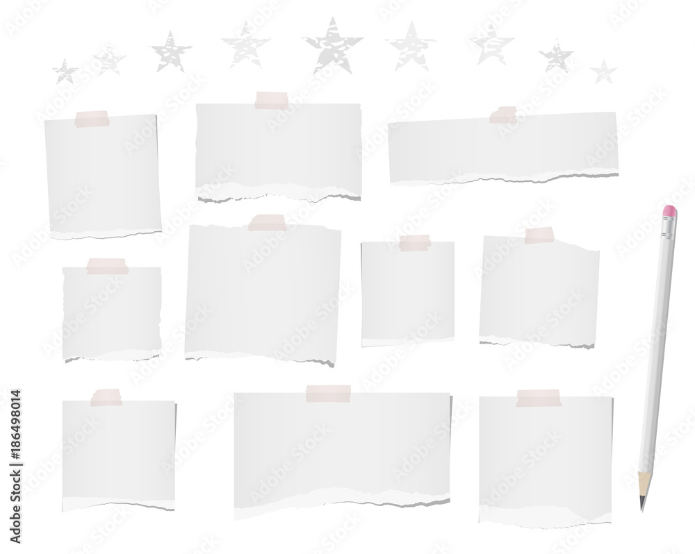 Poster white ripped blank note, notebook paper strips, sheets for text or message stuck with sticky tape on