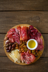 antipasti platter on wooden surface