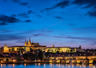 View on the Charles Bridge and Castle in Prague at night