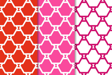 Geometric ornamental patterns. Set of red seamless backgrounds