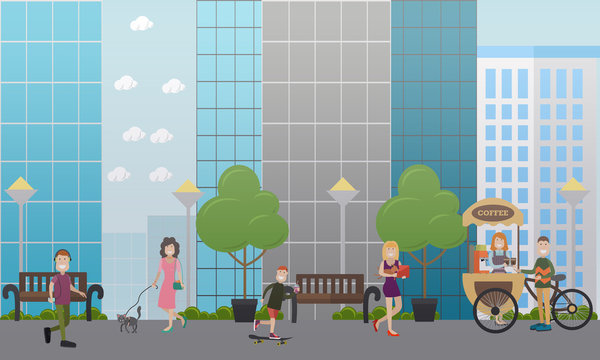Walking with pets in the street vector flat illustration