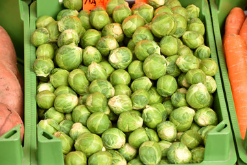 Brussels sprouts on the market. Harvest of Brussels sprouts. Fresh vegetables. Cabbage in a box.