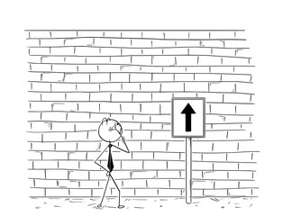 Cartoon of Business Man Looking at Wall Obstacle in his Way