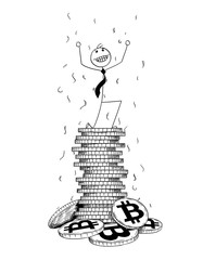 Conceptual Cartoon of Businessman Enjoying on Top of Pile of Bitcoin Coins